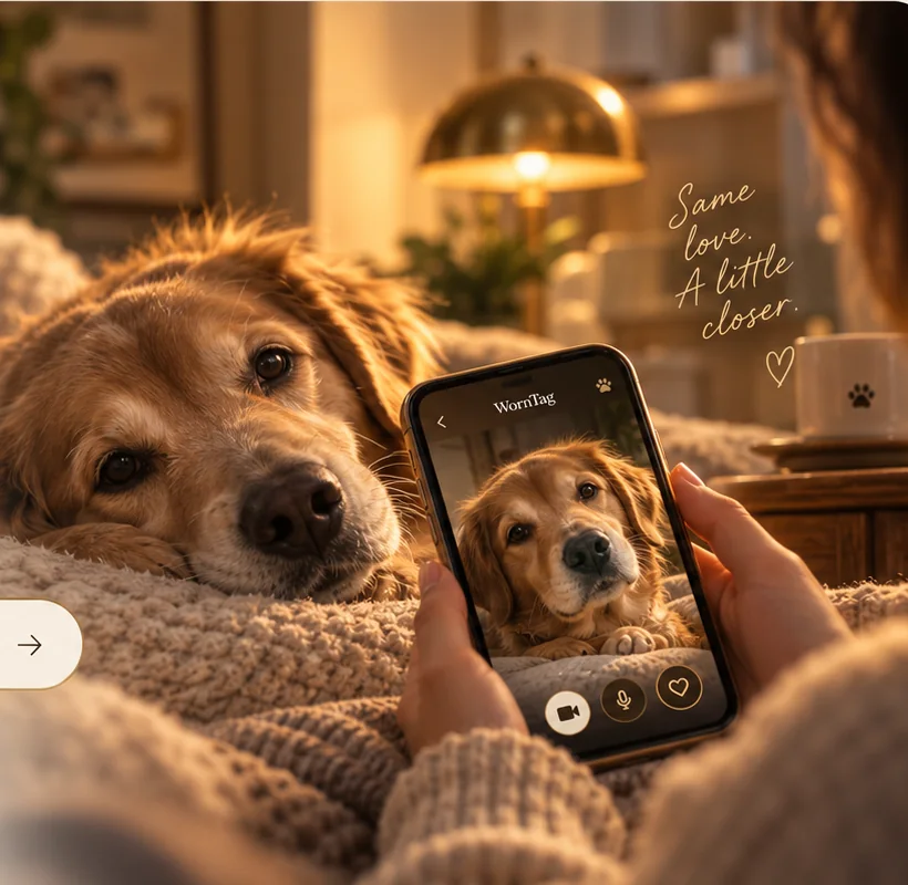Concept image of a dog beside a phone showing a digital companion
