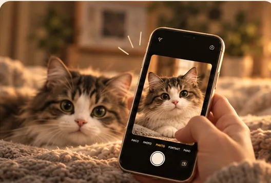 Concept image showing a person photographing a cat